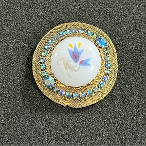 Vintage Floral Brooch with AB Rhinestones & Gold-Tone Filigree